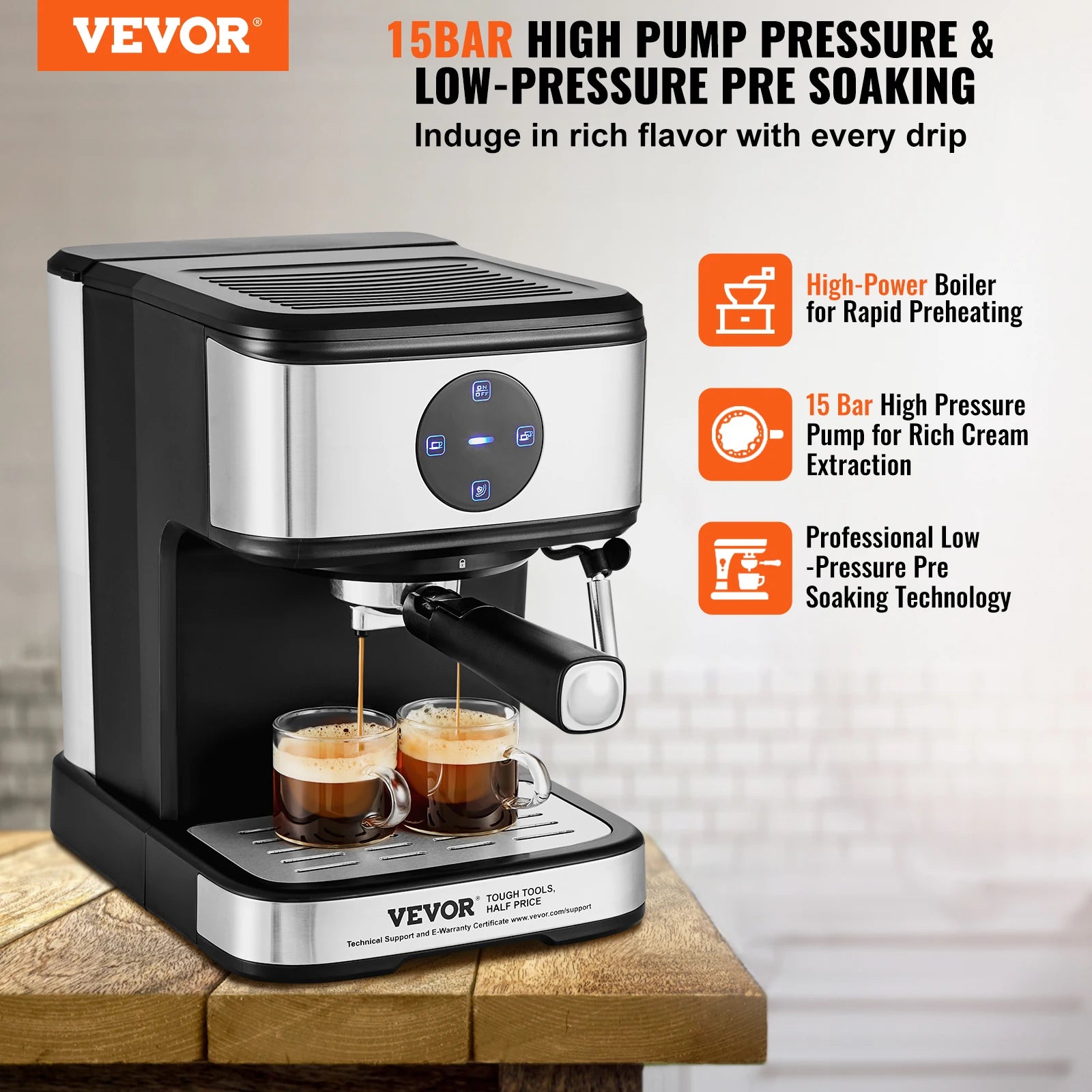 VEVOR Espresso Machine 15 Bar Coffee and Espresso Maker with Milk Frother Steam Wand Professional Semi-Automatic Latte Machine - You Offer