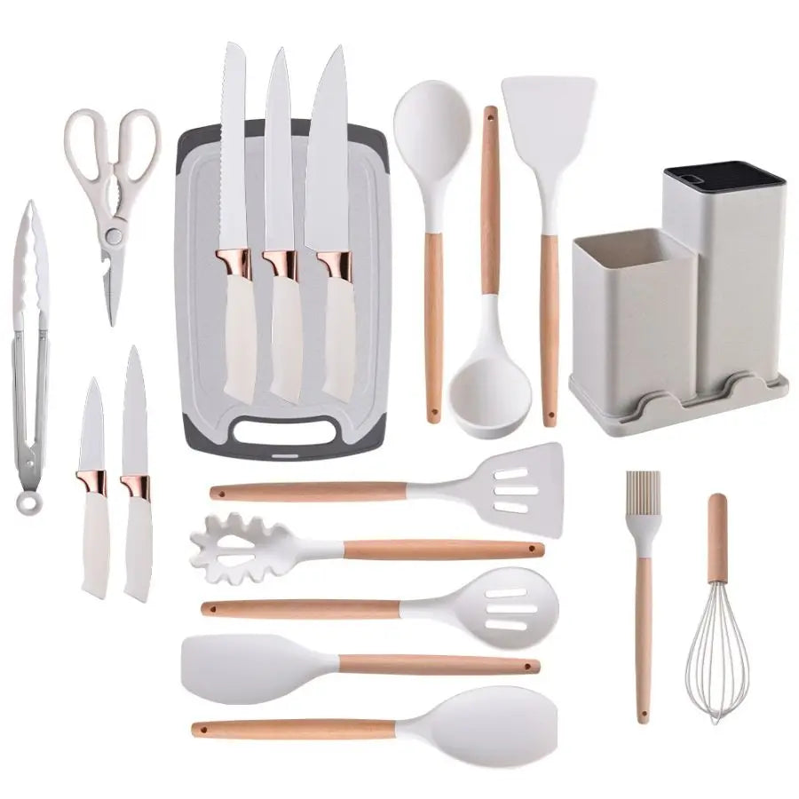 19pcs Food Grade Silicone Brodark Kitchenware Set, Cooking Spoon, Shovel, Cutting Board, Fruit Knife, Chef Knife, Combination Se - You Offer