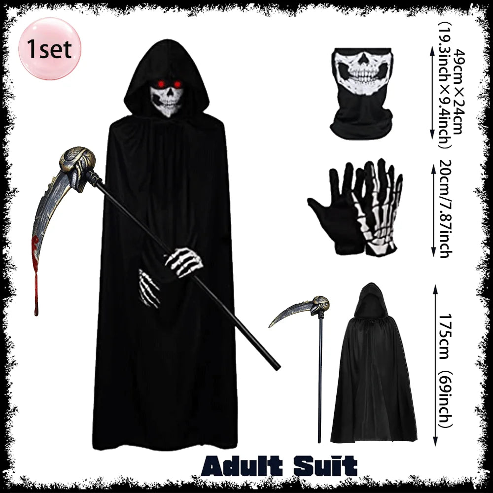 Horror Halloween Grim Reaper Hooded Cloak Skull Scarf Night Glow Gloves Ghost Head Scythe Adult Kids Scary Halloween Decorations