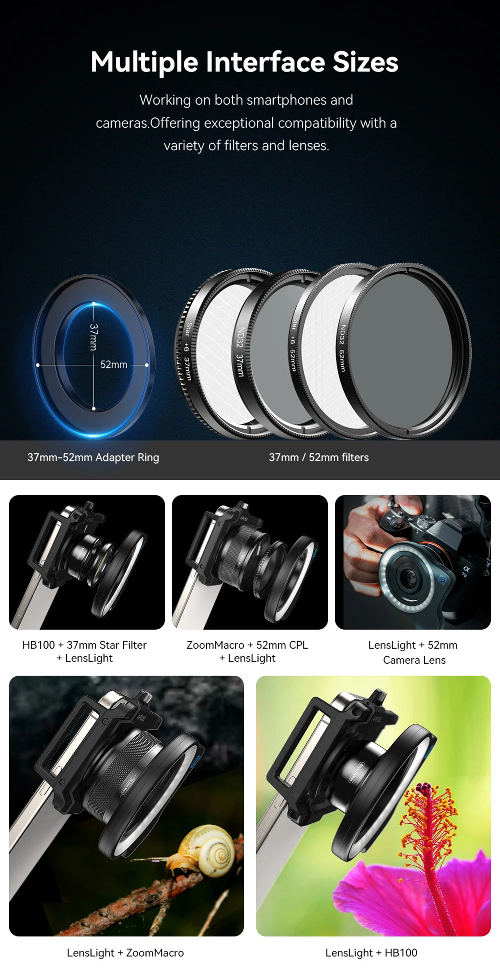 APEXEL 37mm 52mm Thread Macro Lens Fill Light,  Camera Lens Ring Light with High Power+45 Light Modes for APEXEL Macro lenses