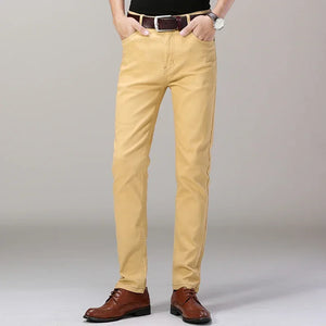 Men's Jeans Pure White Fashion Elastic Slim Youth Slimming Straight Leg Male Pants Business Casual Middle Age High End Trousers - You Offer
