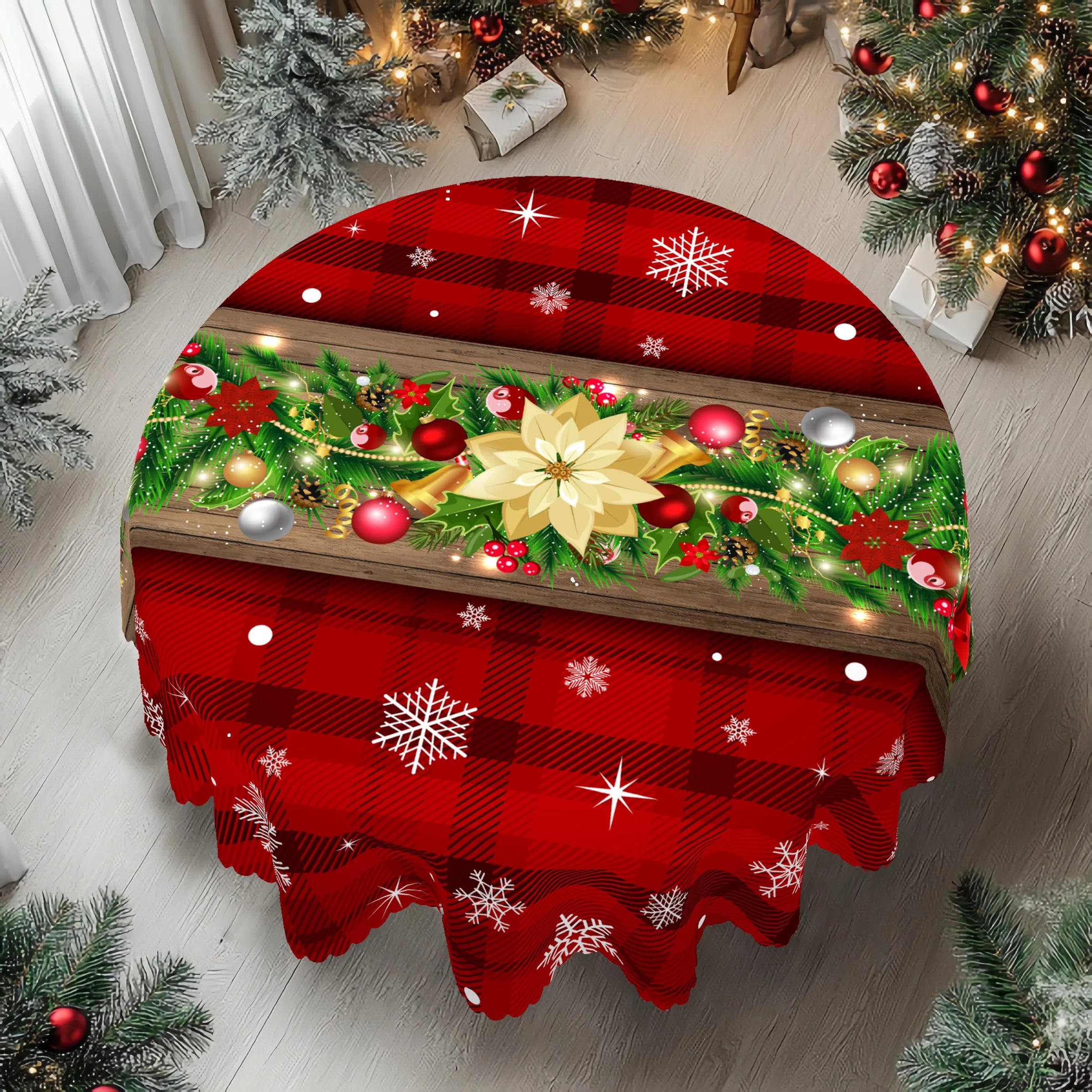 1 Piece Christmas Round and Rectangular Tablecloth, Various Sizes, Holly Berry Bow Snowflake Print Pattern Red Tablecloth for Daily Home Kitchen, Terrace Use, Gifts