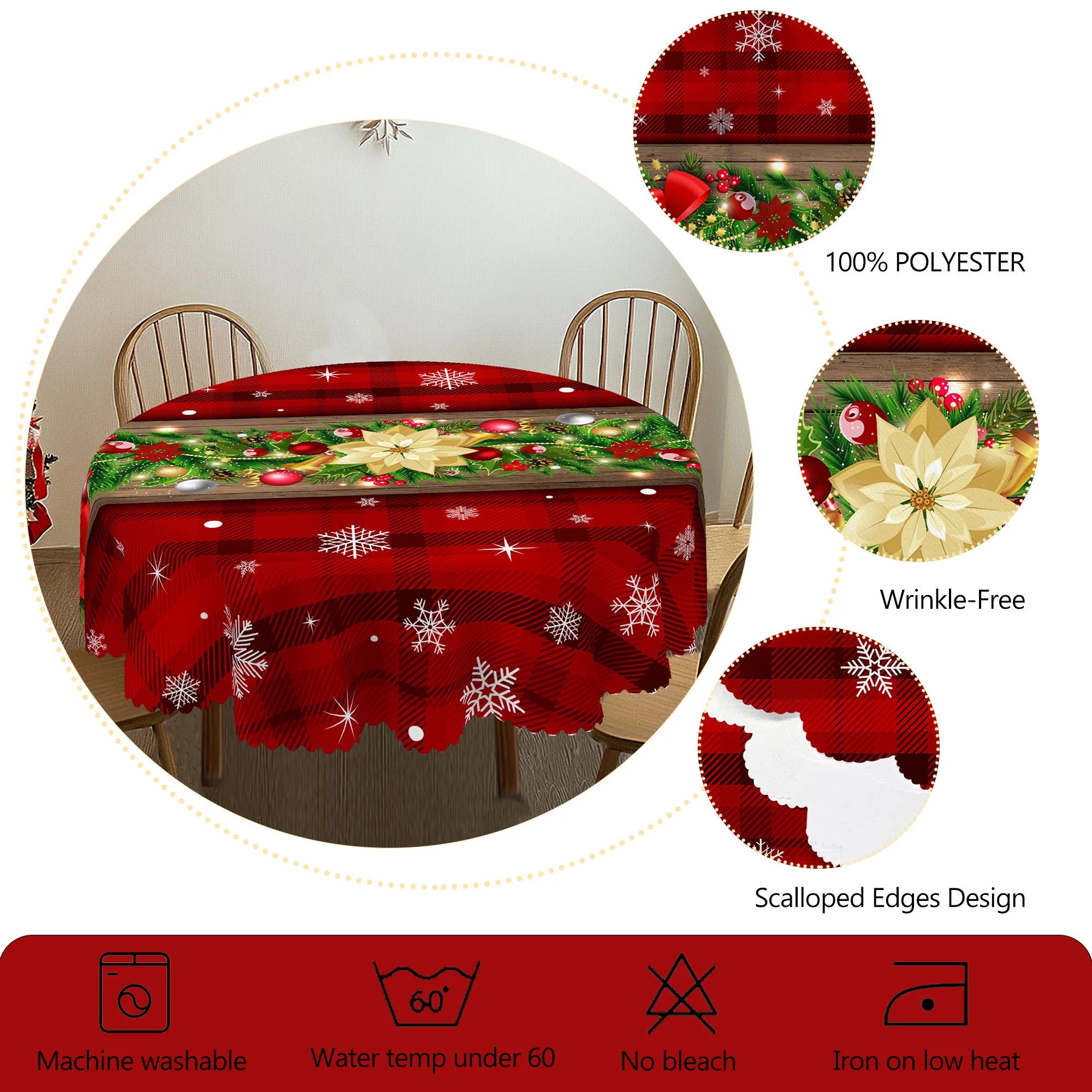 1 Piece Christmas Round and Rectangular Tablecloth, Various Sizes, Holly Berry Bow Snowflake Print Pattern Red Tablecloth for Daily Home Kitchen, Terrace Use, Gifts