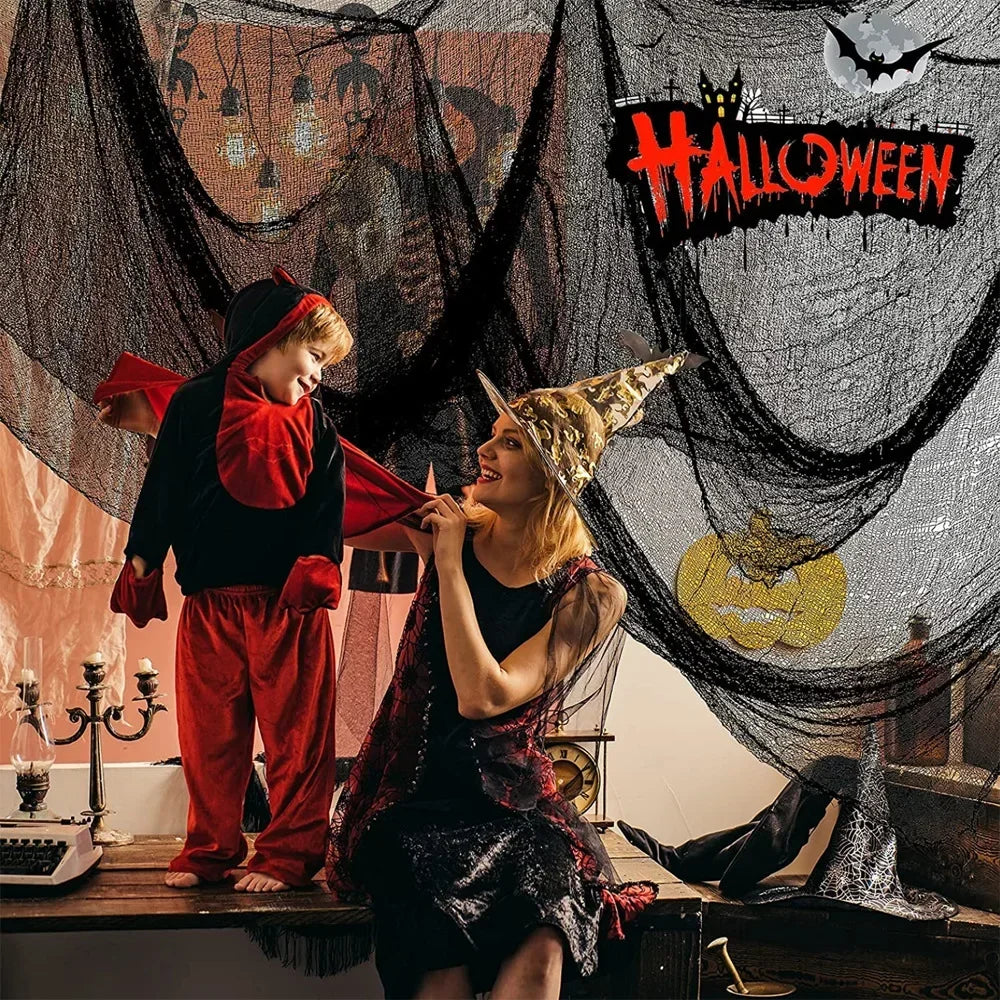 Halloween Horror Bloodstained Indoor Spooky Black Spider Web Gauze Haunted House Hallway Hanging Scary Gauze Decorations