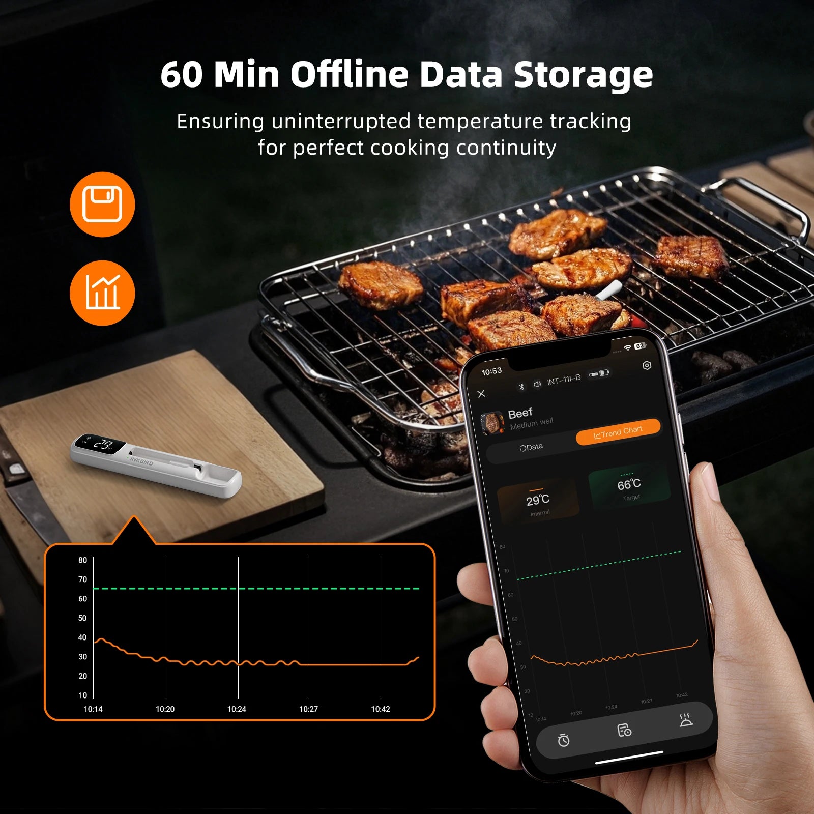 INKBIRD INT-11I-B Wireless Meat Thermometer, Bluetooth 5.4 1000ft,1s Response, IP67, 26 Presets, LED Display,for BBQ/Grill/Party