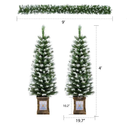 Artificial Christmas 3-Piece Set Wreath and Set of 2 Entrance Trees X-mas with LED Lights Easy Assembly