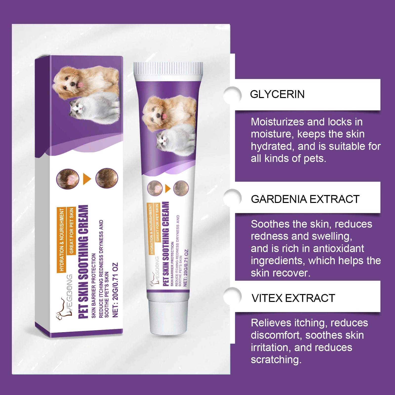 20g Pet Skin Soothing Cream Effectively Relief Itching Skin Redness Dry Naturally Gentle Repair for Cats and Dogs Skincare Balm