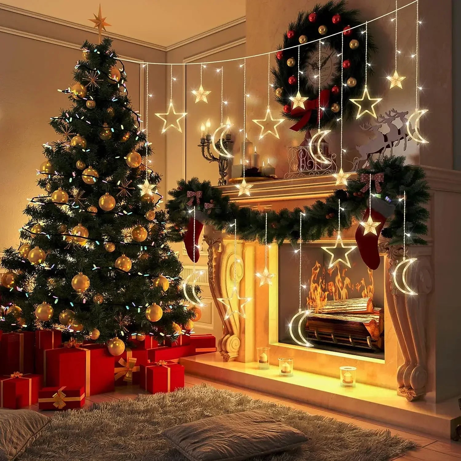 3.5m Star Moon LED Curtain String Light Solar/Battery Power Christmas Garland Fairy Lamp for Outdoor Garden Xmas NewYear Decor