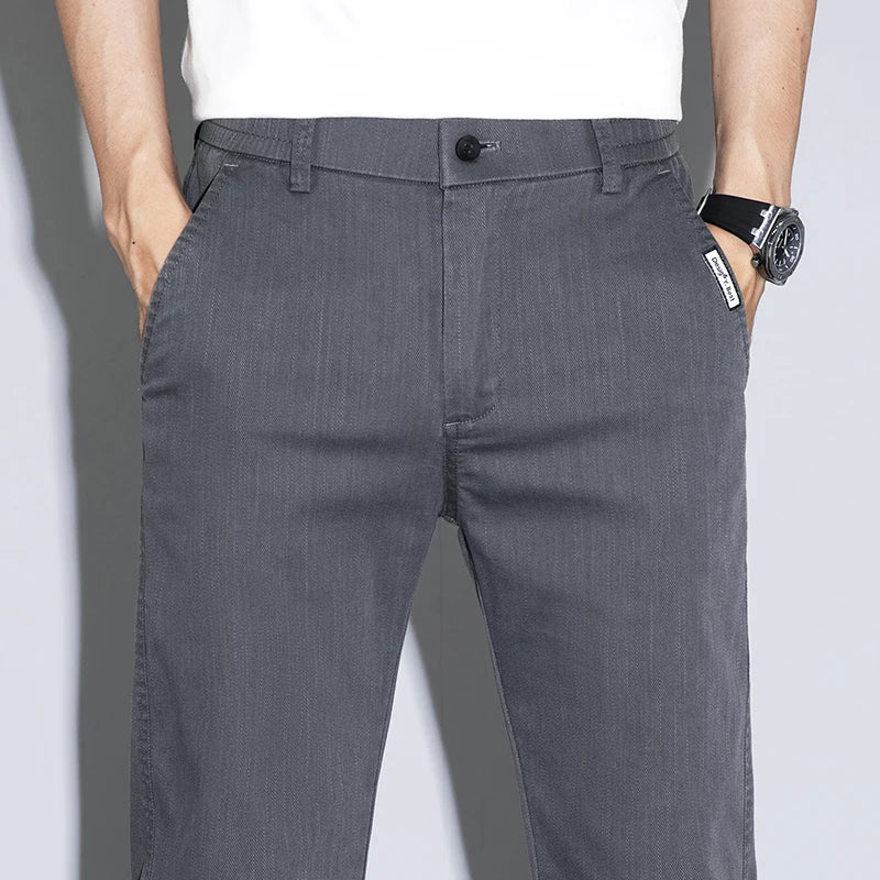 Spring Summer Classic Men's Casual Pants Stretch Slim Business Cotton Trousers Fashion Zippered Pocket Thin Men Pants Korean - You Offer