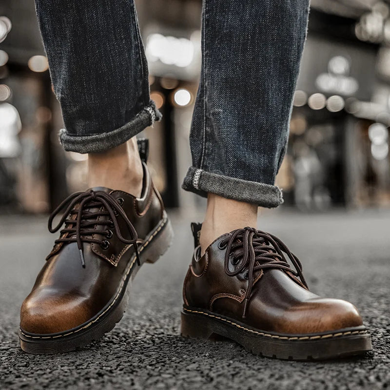 Men's casual leather low-top heightening large-head work boots breathable versatile British cow tendon sole derby shoes