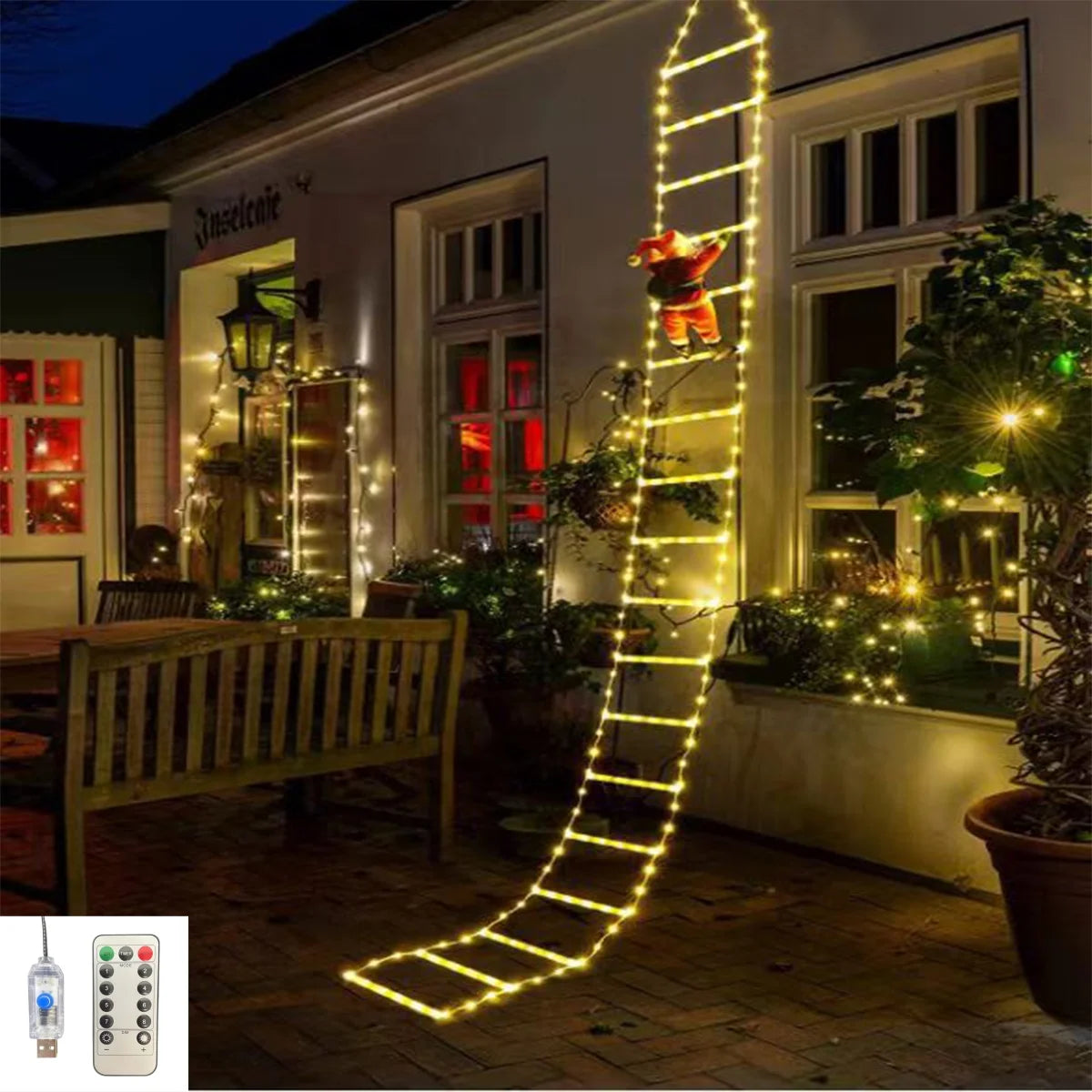 1PC 2M/3M 8-mode USB Santa Claus ladder light, suitable for indoor and outdoor Christmas parties, gardens, home wall decoration