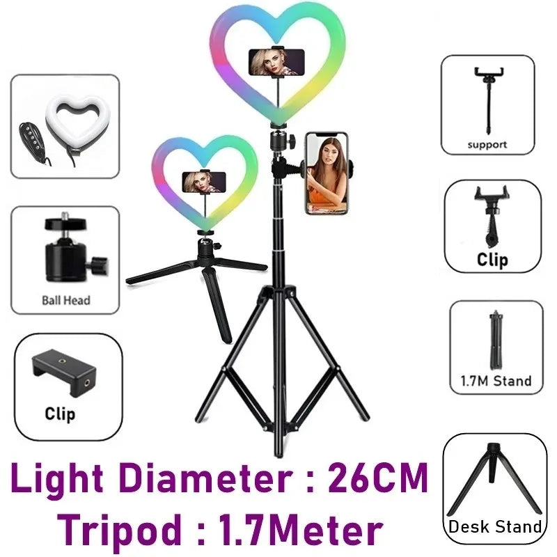 10 Inch RGB Heart LED Selfie Ring Light Dimmable Vedio Ring Lamp Photo Photographic Lighting Tripod For Phone Makeup Live Volg