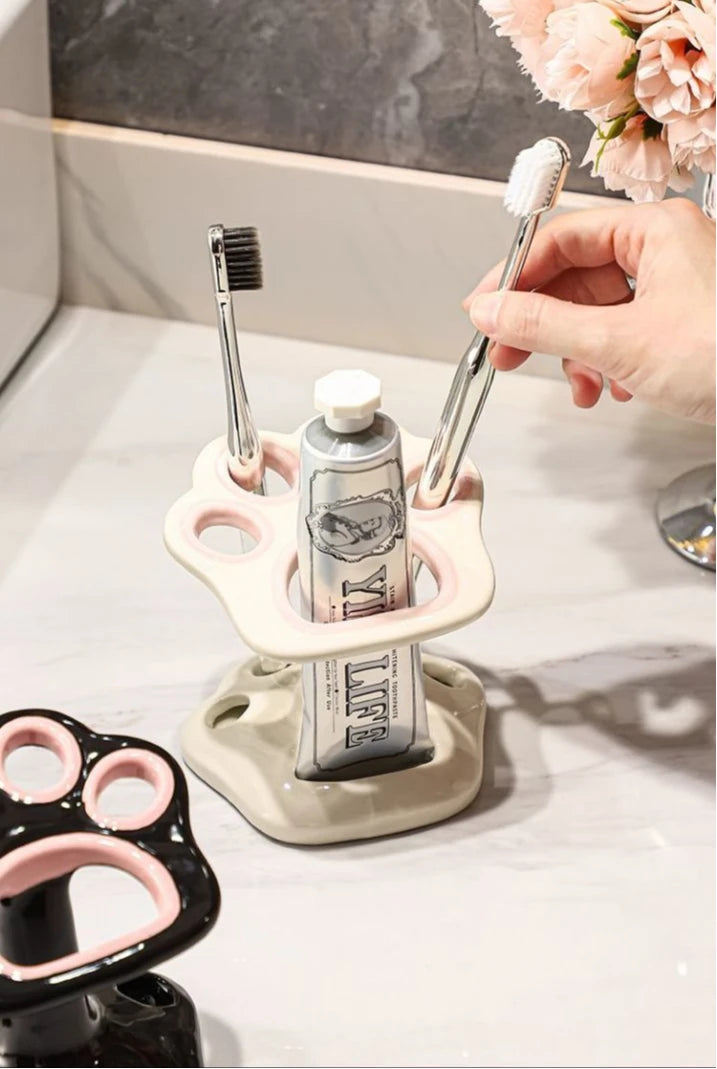 Cat Paw Shape Ceramic Toothbrush Holder Cute No Punching Toothbrush Holder Base Makeup Brush Storage Bathroom Accessories Tool