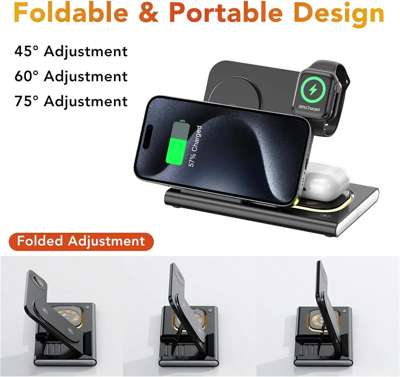 300W Foldable 3 In 1 Wireless Charger Stand Pad Desktop Fast Charging Station For iPhone 16 15 14 13 Samsung Apple Watch Airpods