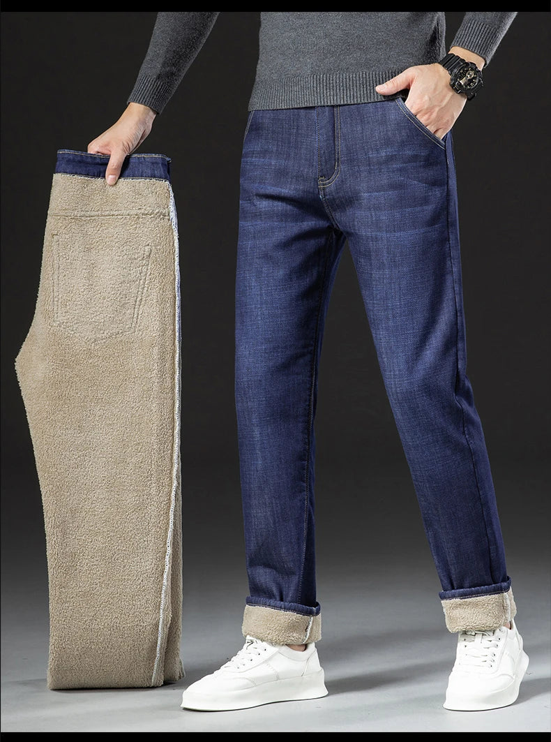 Winter Lamb Fluff Denim Straight Pants Men Thicken Big Size 40 Jeans High Waist Stretch Jeansy Fleece Lined Warm Slim Vaqueros - You Offer