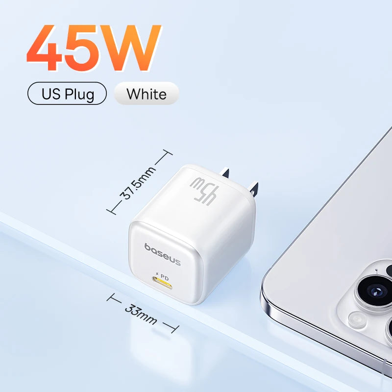Baseus 45W PD Charger For iPhone 17 16 15 Pro Max Samsung Galaxy Fast Charger GaN Charger USB C Charger Portable Phone Charger