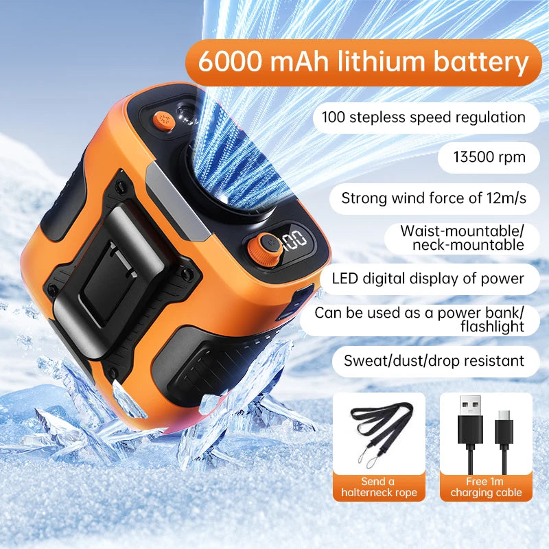 2025 13500RPM High-speed Waist Hanging Electric Fan Portable 6000mAh Power Bank Clip Waist Outdoor Construction Site Small Fan