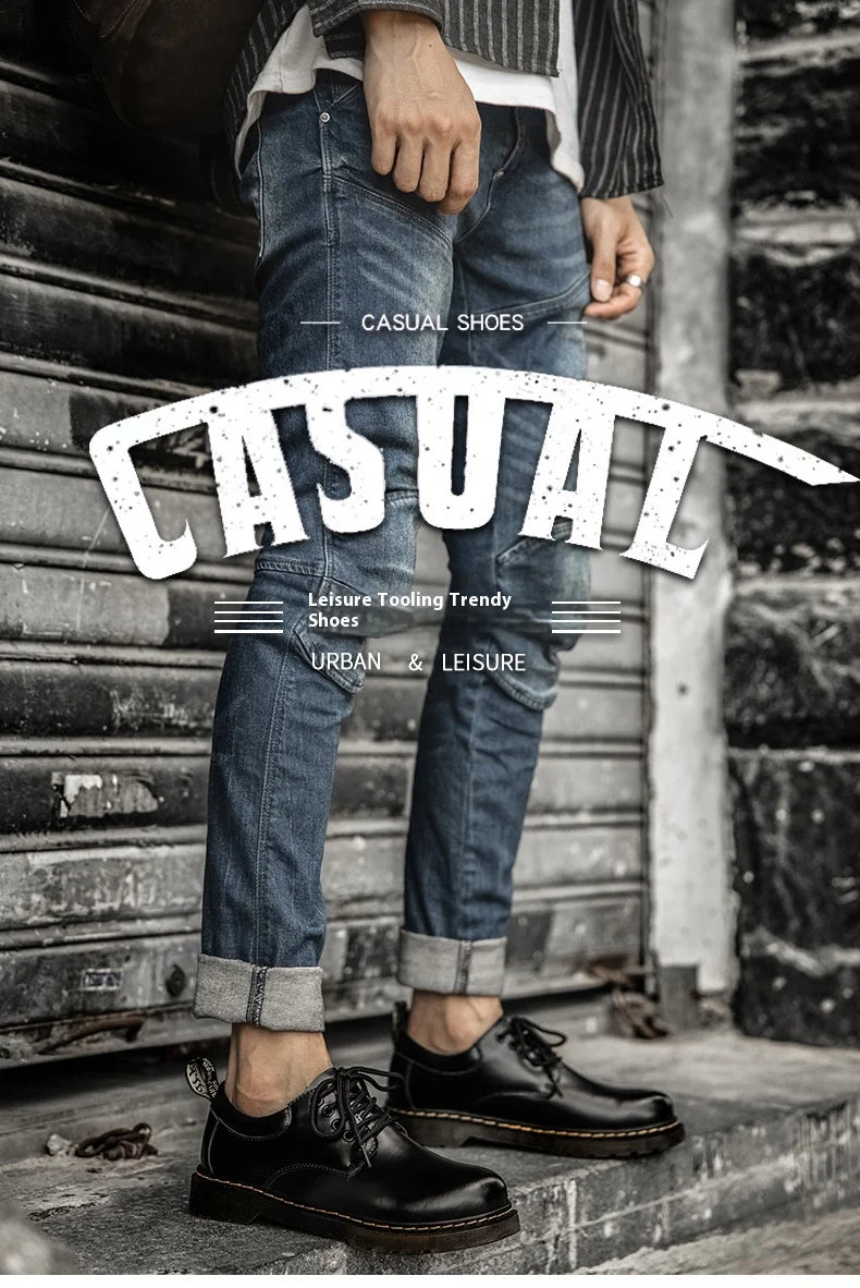 Men's casual leather low-top heightening large-head work boots breathable versatile British cow tendon sole derby shoes