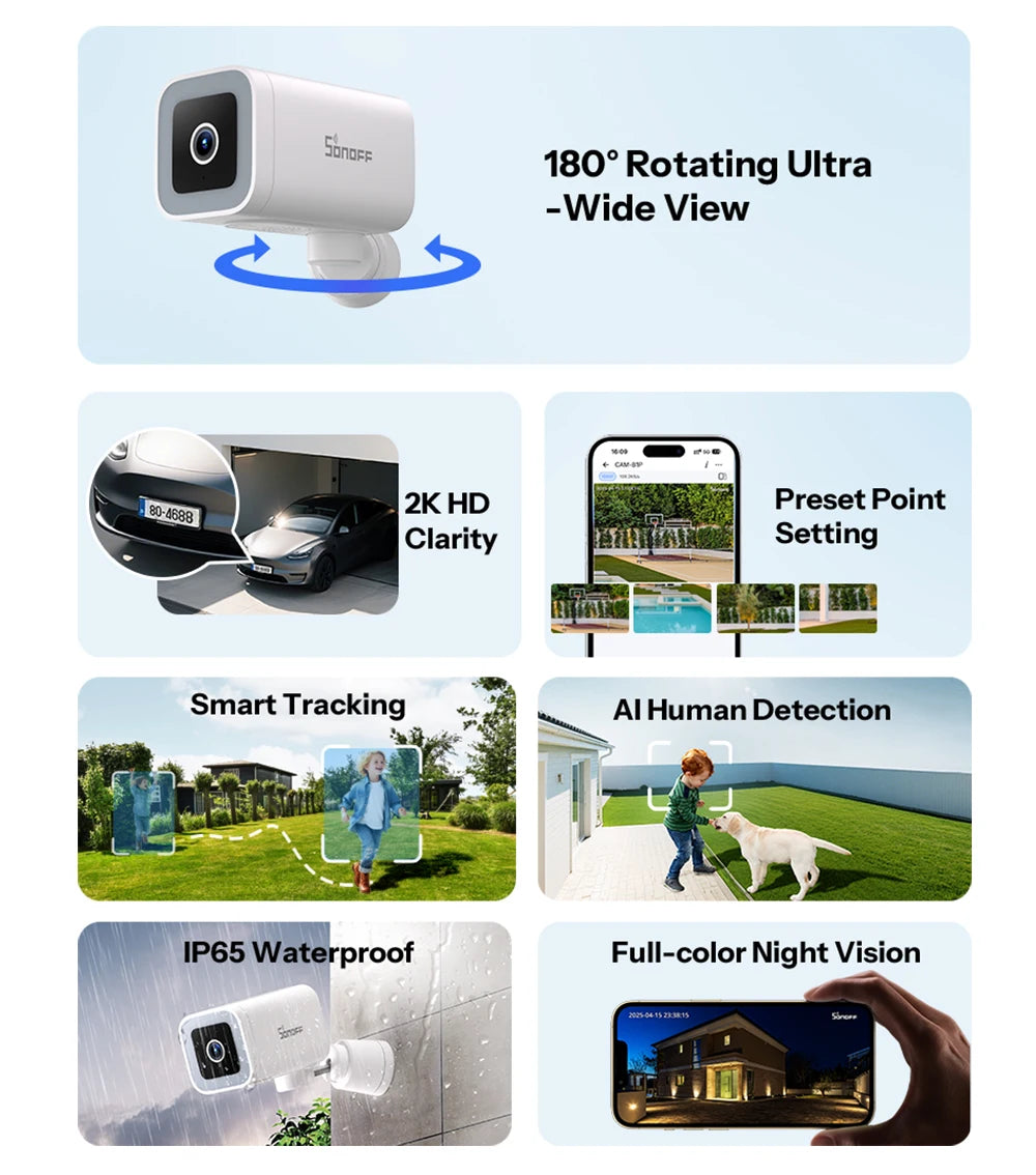 SONOFF CAM-B1P 2K HD Outdoor Smart Security Camera AI Human Detection IP65 Weatherproof Smart Tracking Full-Color Night Vision