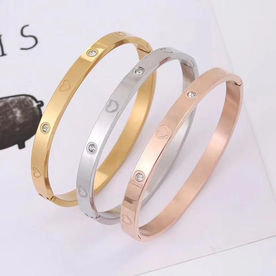 Trendy Shining Zircon Bracelets For Women Clover Print Love Pulseiras Stainless Steel Bangles Feminina Jewelry Gift - You Offer