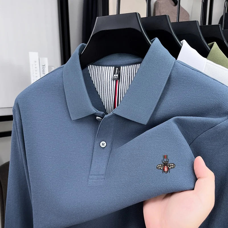 100% pure cotton high-end luxury brand men's long sleeved polo shirt autumn fashion hot selling bee embroidery casual T-shirt