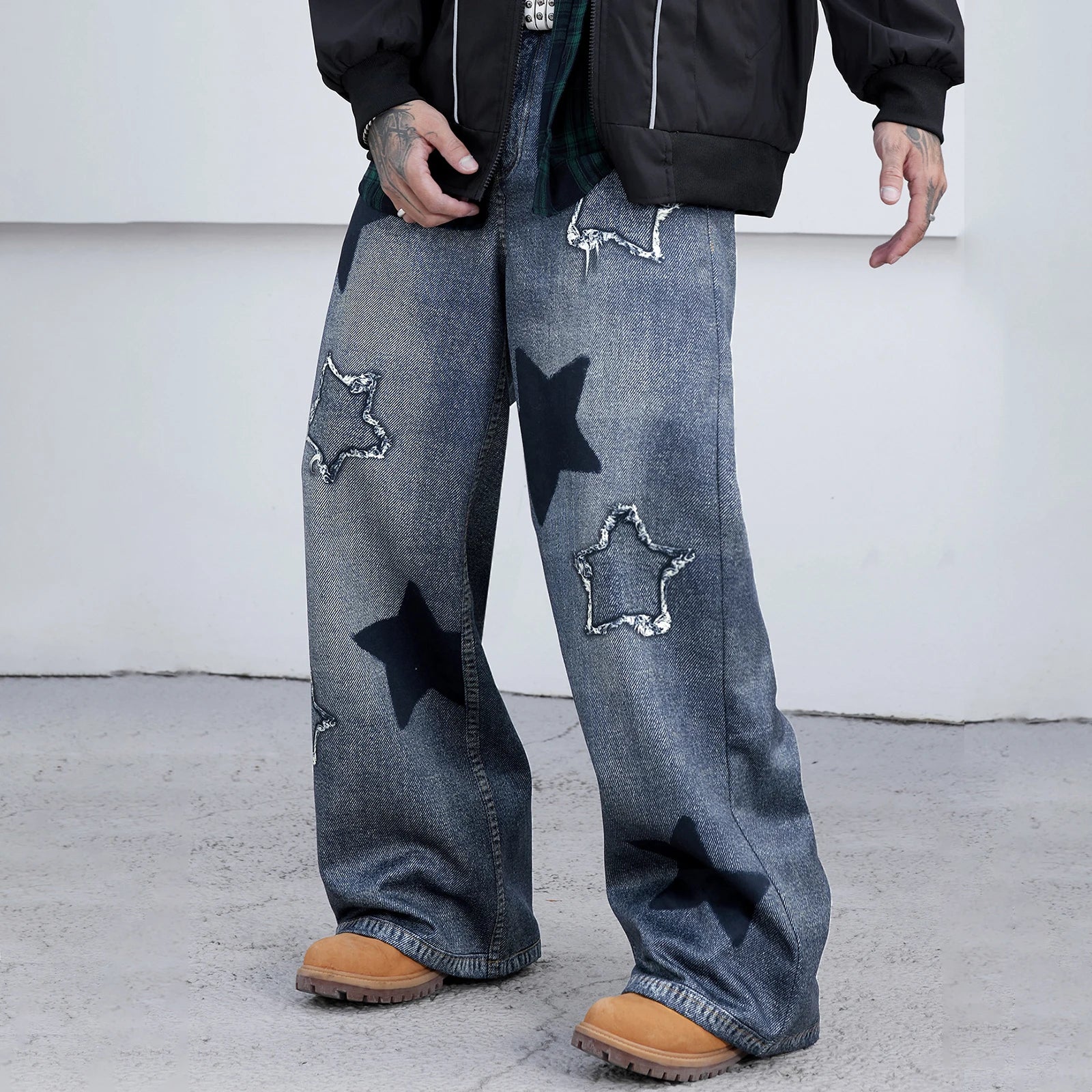 2026 Collection Men Jeans Urban Cool Stars Embroidery Loose Casual Jeans Trousers Streetwear for Daily Party - You Offer