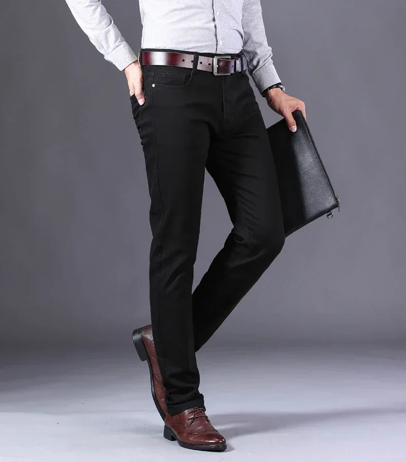 Men's Jeans Pure White Fashion Elastic Slim Youth Slimming Straight Leg Male Pants Business Casual Middle Age High End Trousers - You Offer