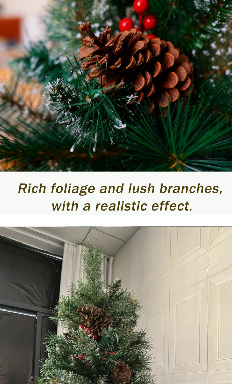 180cm Best artificial christmas trees 6ft Pre-Lit Artificial Spruce Christmas Tree with Large Pinecones, Red Berries