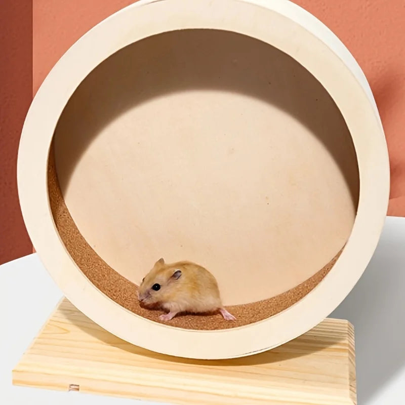 Wooden Silent Hamster Wheel with Stand | Natural Wood Exercise Spinner for Chinchillas/Hedgehogs/Ferrets, Anti-Slip Non-Ejection