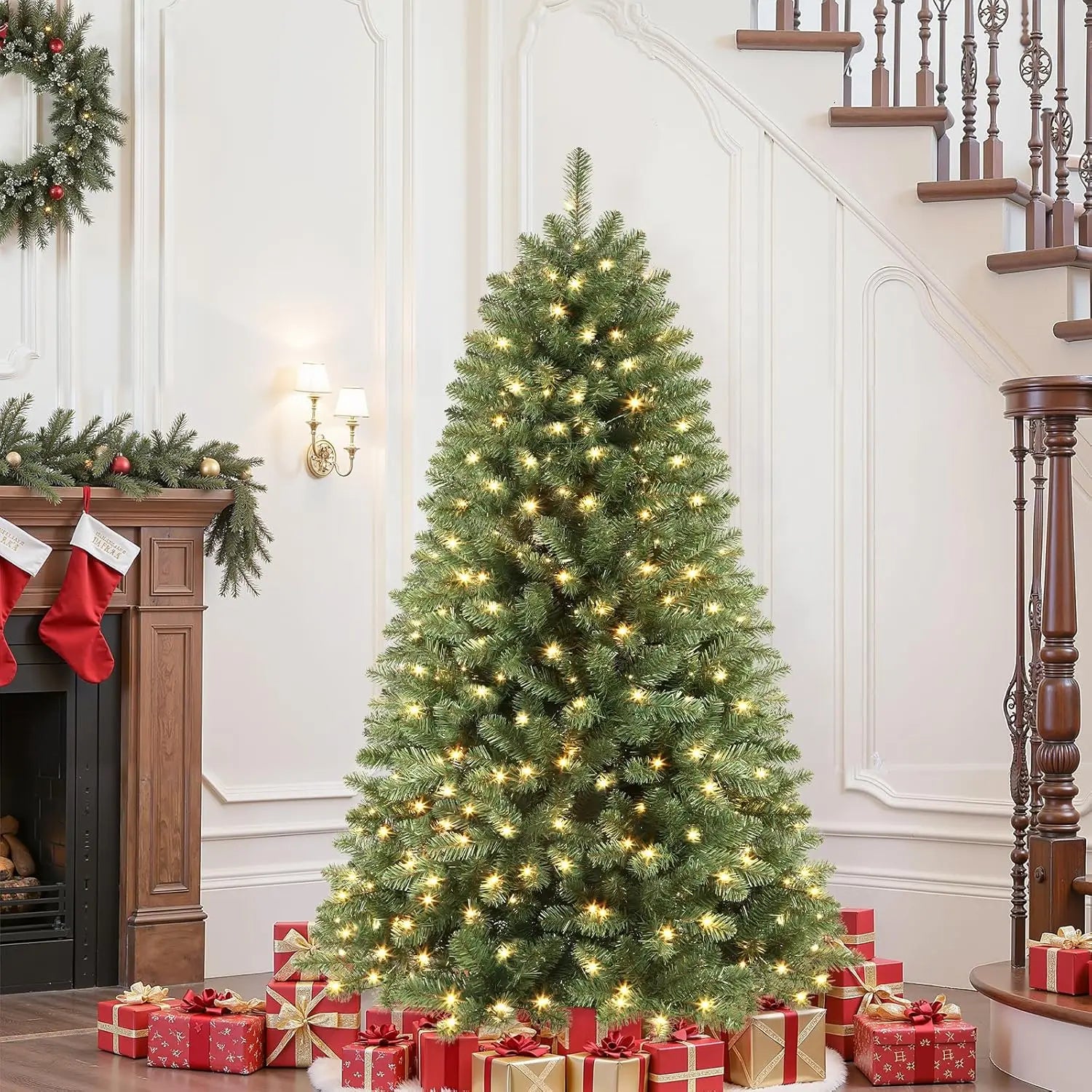 7ft Prelit Premium Artificial Classic Spruce Christmas Tree, 300 Warm White & Color LED Lights, 1020 Branch Tips