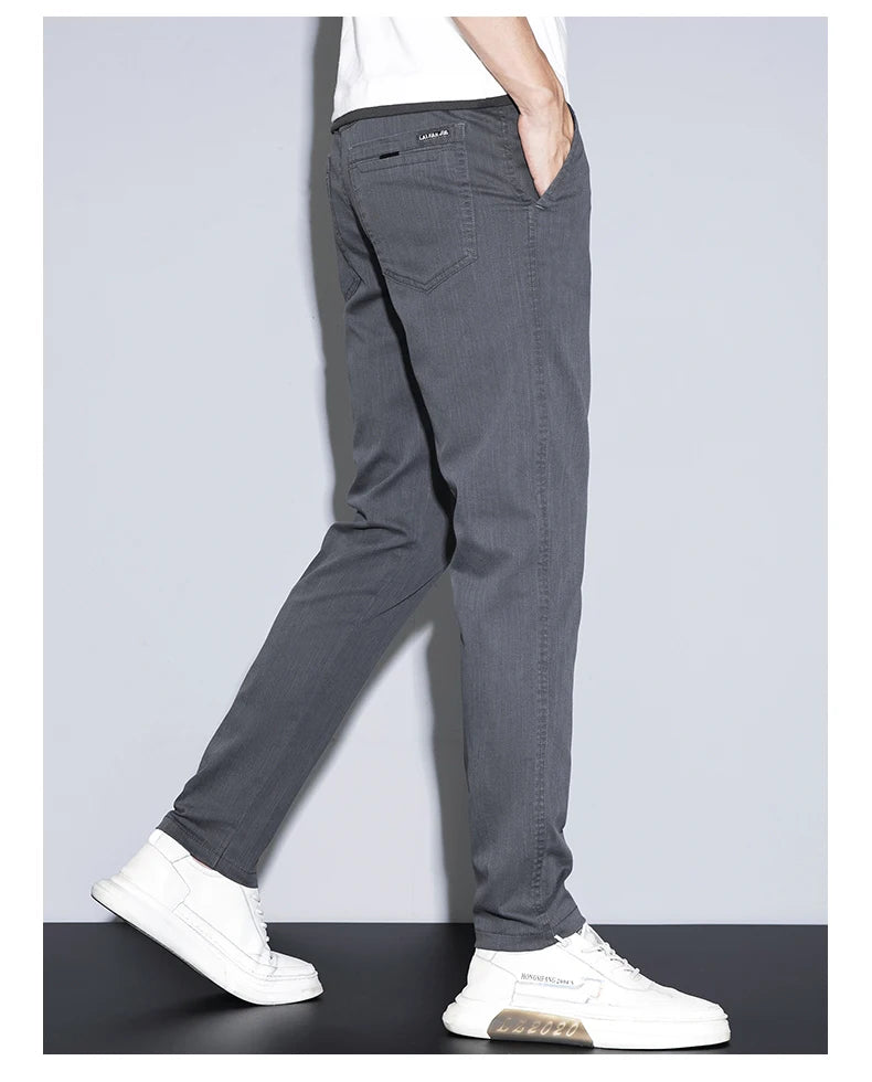 Spring Summer Classic Men's Casual Pants Stretch Slim Business Cotton Trousers Fashion Zippered Pocket Thin Men Pants Korean - You Offer
