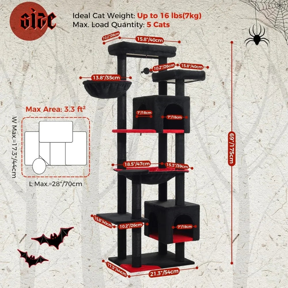 69-Inch Gothic Cat Tree for Indoor Large Cats With Super Large Hammock, Tall Climbing Tower, Scratching Posts