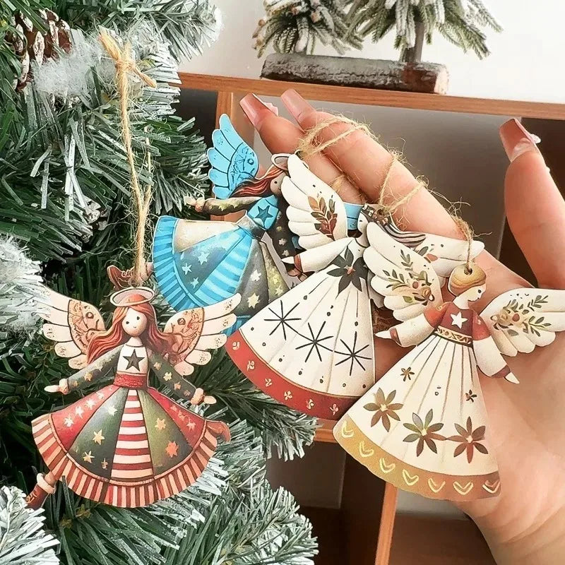 4/40pcs Christmas Tree Hanging Pendant Angels Doll Pendant Wooden Angels Decorations for Christmas Party New Year Wedding Decor
