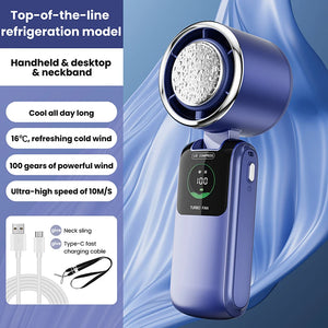 2025 New Ice Pack High-Speed Handheld Eletirc Fan 100 Speed Adjustable Folding Mini Fan Portable Outdoor Hanging Neck Small Fan
