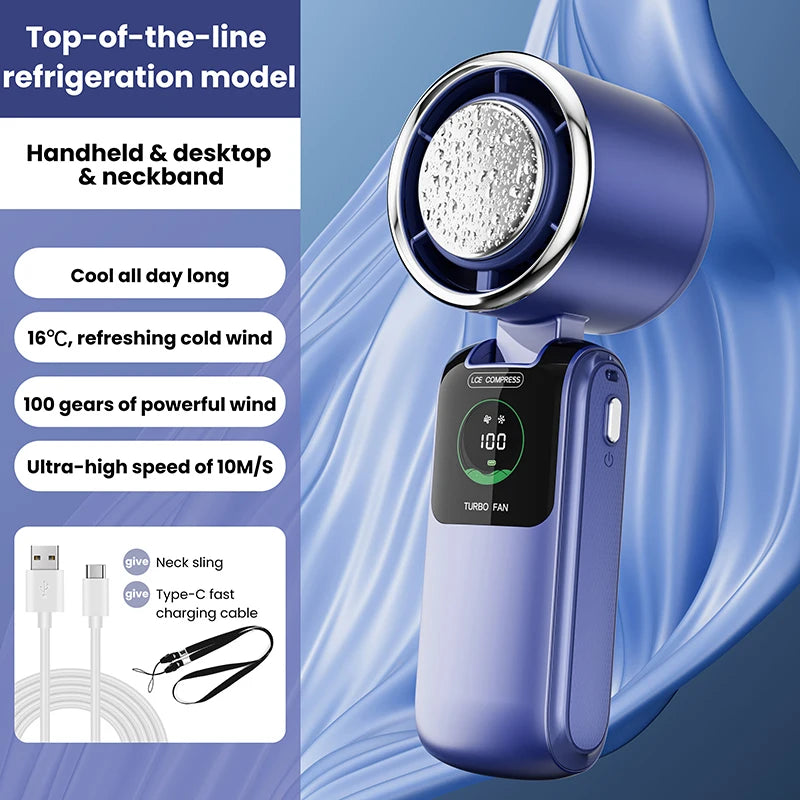 2025 New Ice Pack High-Speed Handheld Eletirc Fan 100 Speed Adjustable Folding Mini Fan Portable Outdoor Hanging Neck Small Fan