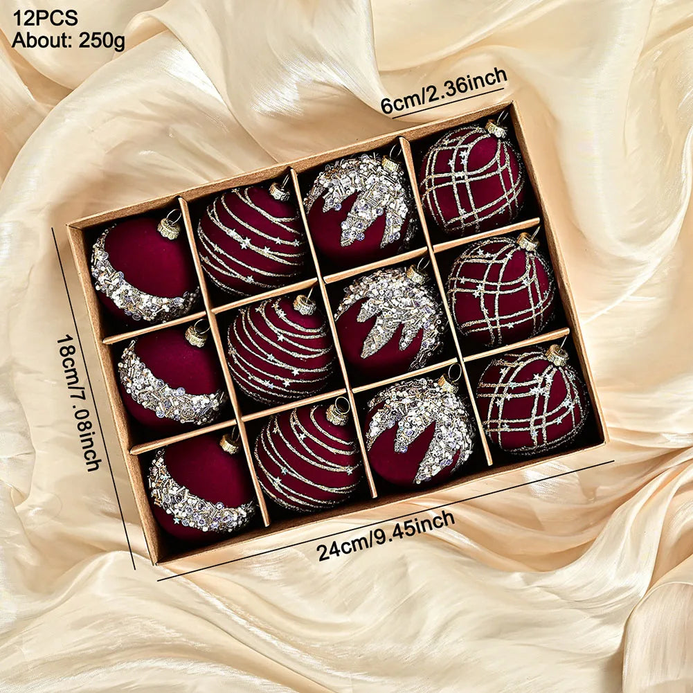 6CM 12PCS Premium Flocking Velvet Diamond Sequin Christmas Ball Window Hanging Home Christmas Decoration