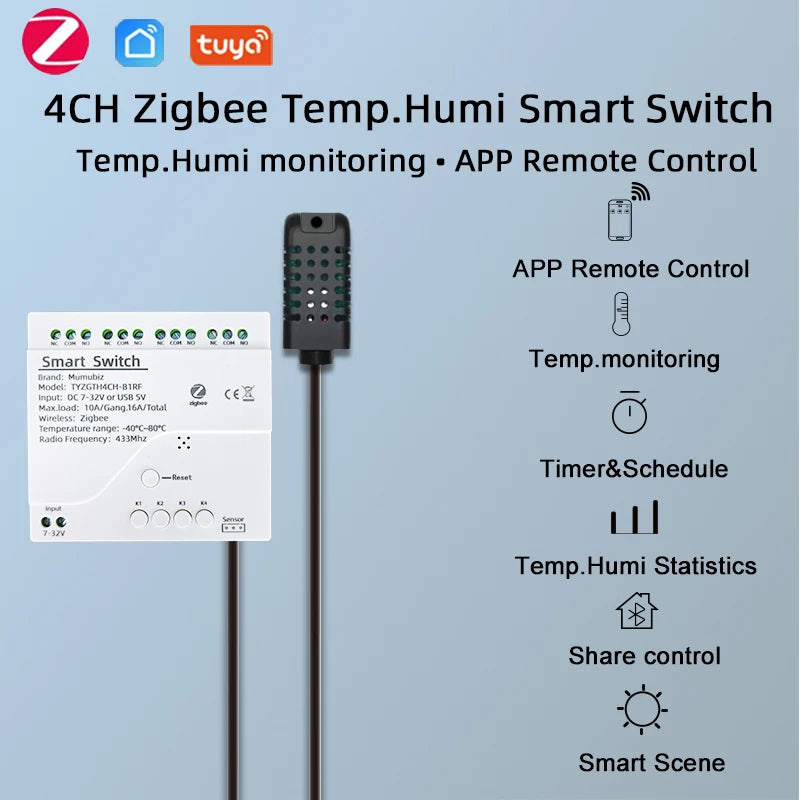 Tuya Smart TH10 Zigbee 4 Channel Switch with Temperature and Humidity Sensor Passive Dry Contact Zigbee Relay Work with Alexa