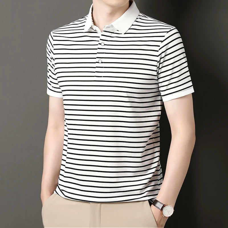 2026 Men's New Striped Cotton Business Casual Short Sleeved POLO Shirt Fashion Short Sleeved Comfortable and Breathable Top
