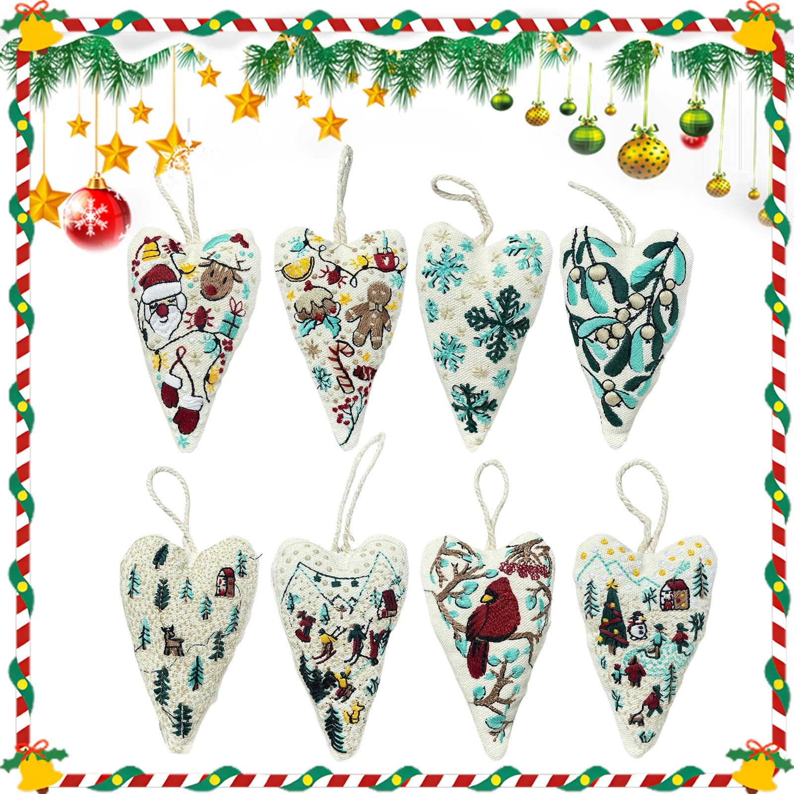 New Embroidery Christmas Ornament Kits Xmas Tree DIY Heart Embroidery Christmas Decoration Heart Cross Stitch Kit with Needles