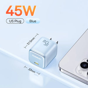 Baseus 45W PD Charger For iPhone 17 16 15 Pro Max Samsung Galaxy Fast Charger GaN Charger USB C Charger Portable Phone Charger
