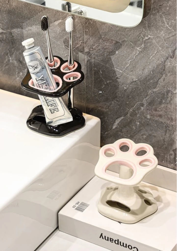 Cat Paw Shape Ceramic Toothbrush Holder Cute No Punching Toothbrush Holder Base Makeup Brush Storage Bathroom Accessories Tool