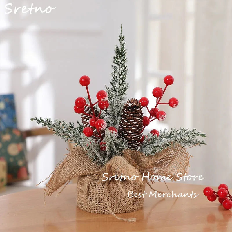 SRETNO Mini Christmas Trees Desktop Ornament Red Fruit Pine Pagoda Artificial Plants Christmas Decorations Arbolitos De Navidad