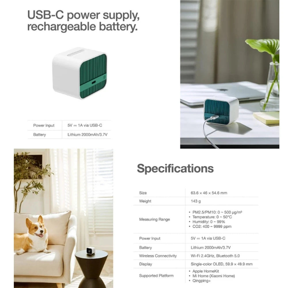Qingping Smart Air Detector Lite CO2 PM2.5 PM10 Temperature Humidity Monitor Touch Screen Work With Mihome APP for Apple HomeKit