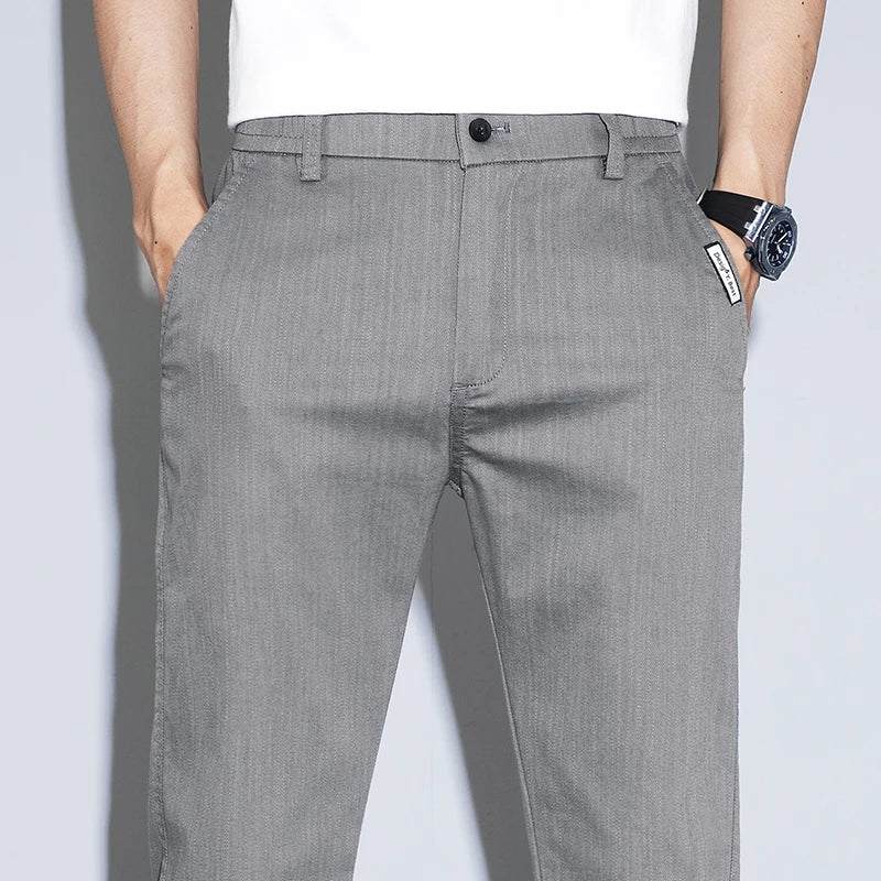Spring Summer Classic Men's Casual Pants Stretch Slim Business Cotton Trousers Fashion Zippered Pocket Thin Men Pants Korean - You Offer