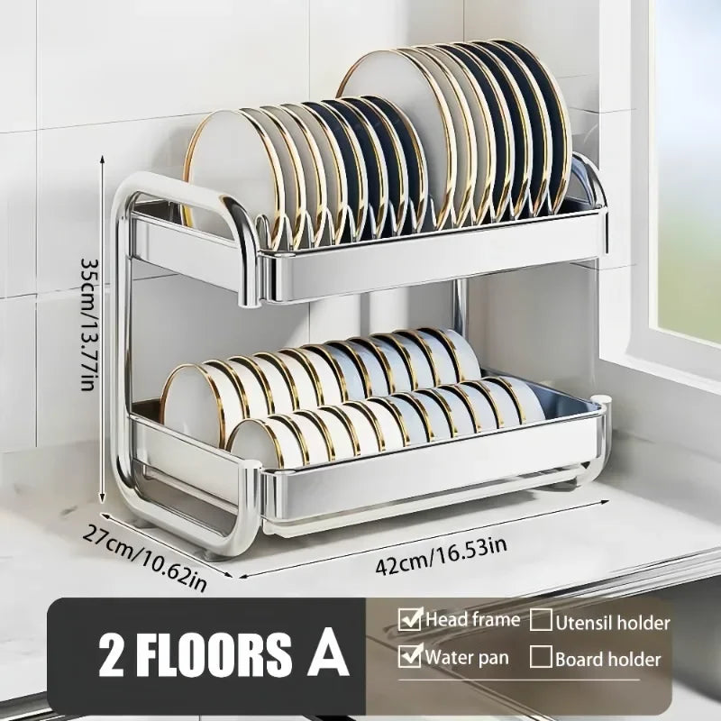 Dish Drying Rack Multifunctional Rustproof Big-capacity Bowl Storage Shelf Stainless Steel Multilayer Spacesaving Draining Shelf