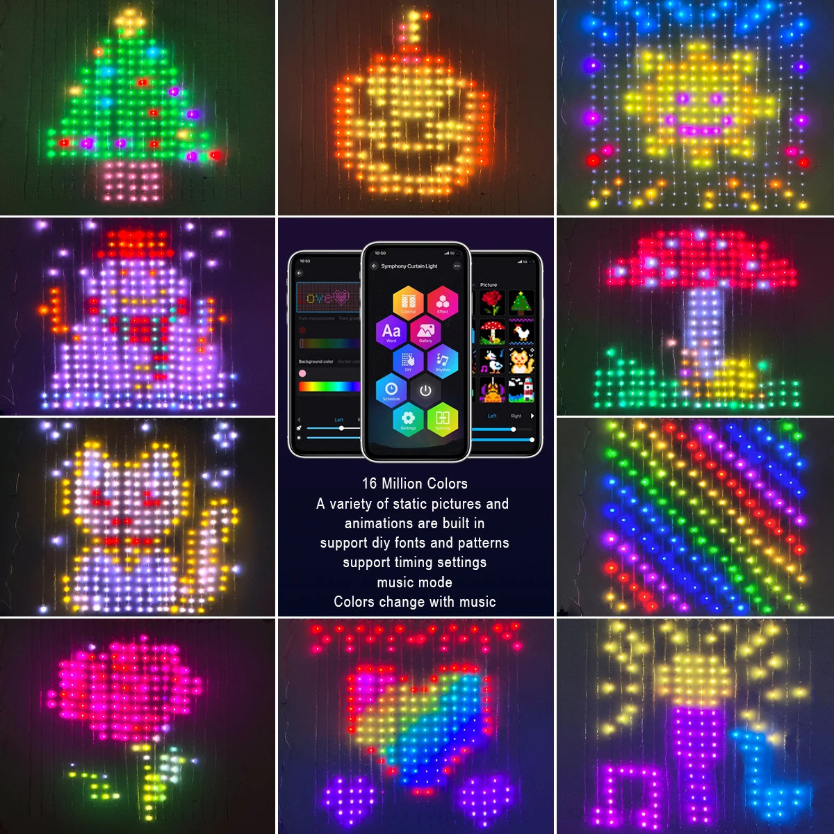 Smart Curtain USB RGB Christmas Fairy Lights 400LEDs Music Mode Programmable Bluetooth App Control LED String DIY Text Pattern