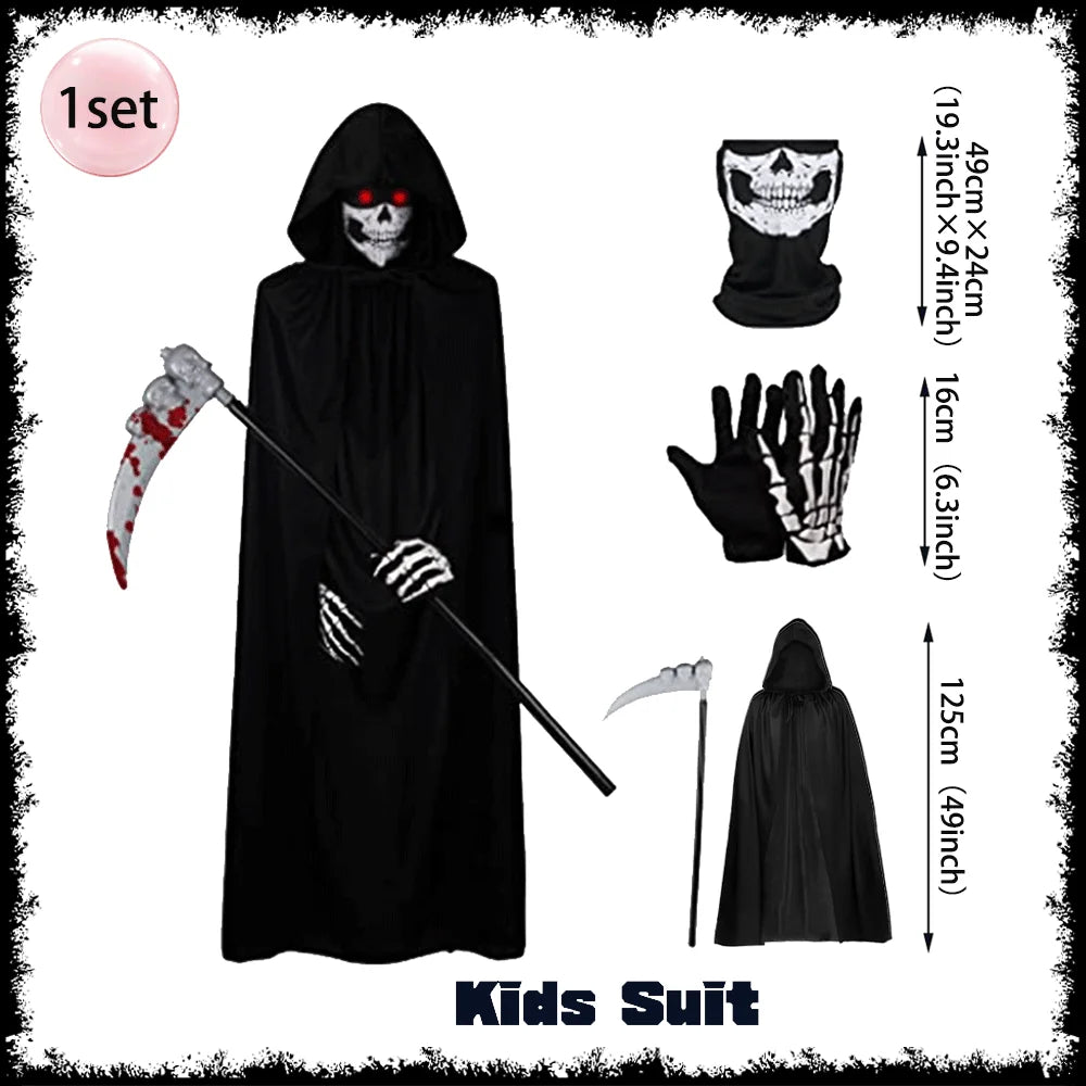 Horror Halloween Grim Reaper Hooded Cloak Skull Scarf Night Glow Gloves Ghost Head Scythe Adult Kids Scary Halloween Decorations
