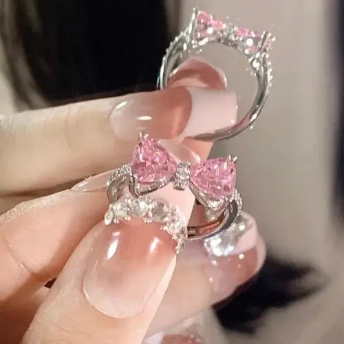 Fashion Fairy Pink Crystal Bow Knot Pendant Necklaces Y2K Girls Sweet Rhinestone Heart Clavicle Chain Women Jewelry Gifts - You Offer
