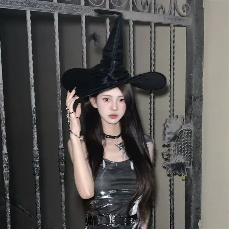 Black Witch Hat Halloween Folds Wizard Party Cosplay Costume Headgear Devil Cap Props Decoration Supplies for Adult Women Men