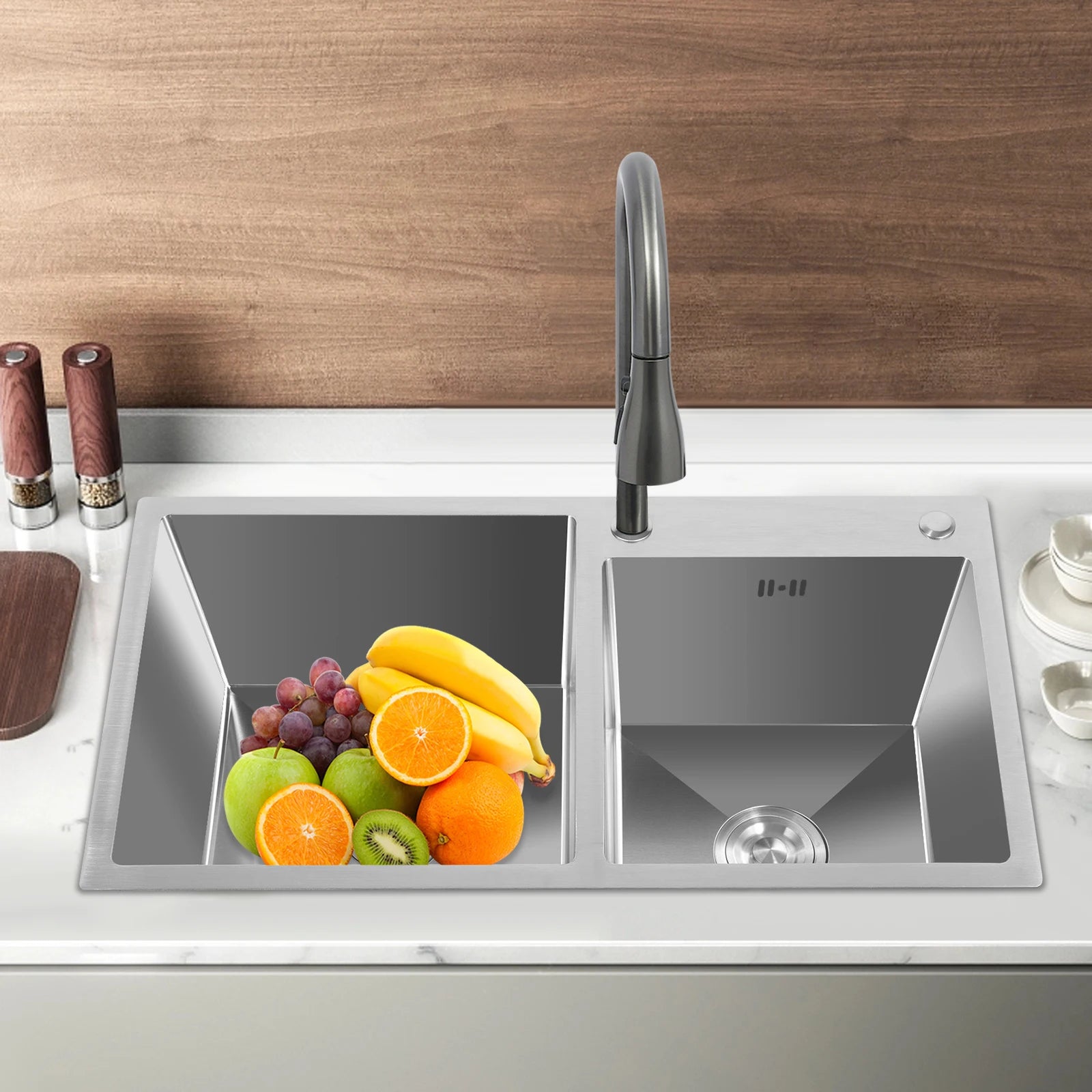 Double Basin Stainless Steel Sink w/ Drainer 30L+23L Capacity 201 Grade, Bathroom Kitchen Accessories Household Items - You Offer